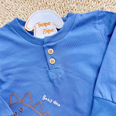 Conj. Blusa Manga Longa Baby Dino e Calça de Moletom - Azul Jeans e Areia
